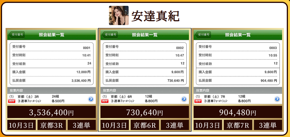 安達真紀の掲載実績。10月3日京都3Rの3連単3,536,400円、京都6Rの3連単730,640円、京都7Rの3連単904,480円。