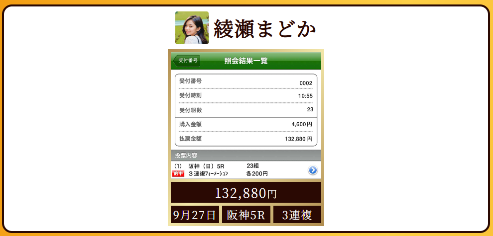 綾瀬まどかの掲載実績。9月27日阪神5R、3連複23点を各200円、購入金額4,600円、払戻額132,880円。